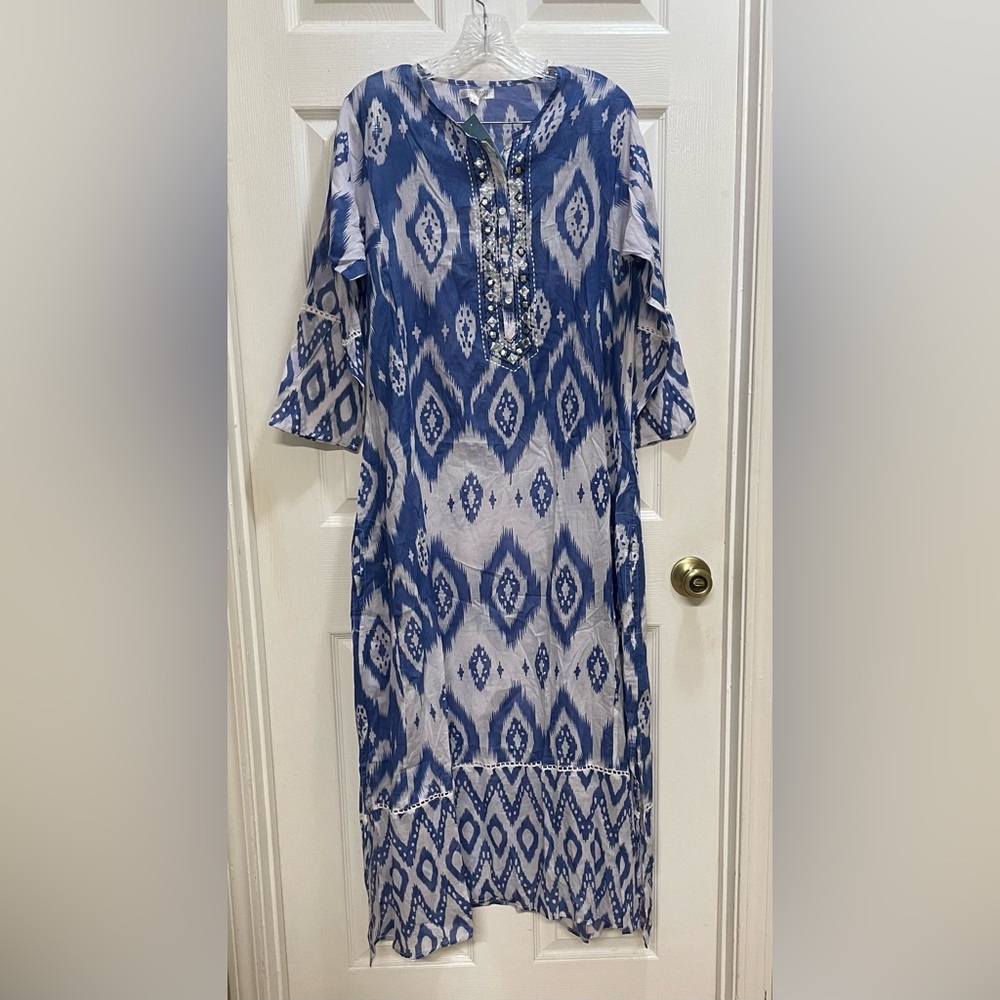 Debbie Katz Halina Ikat Maxi Dress Tunic Embroidered Long Sleeve Size Medium